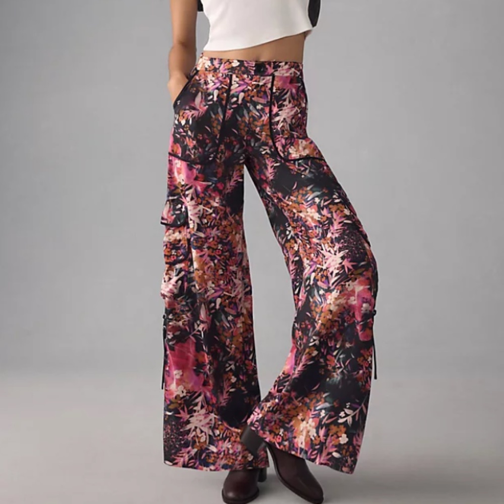 By Anthropologie Palazzo Utility Pants Pink and Black Floral Size 2